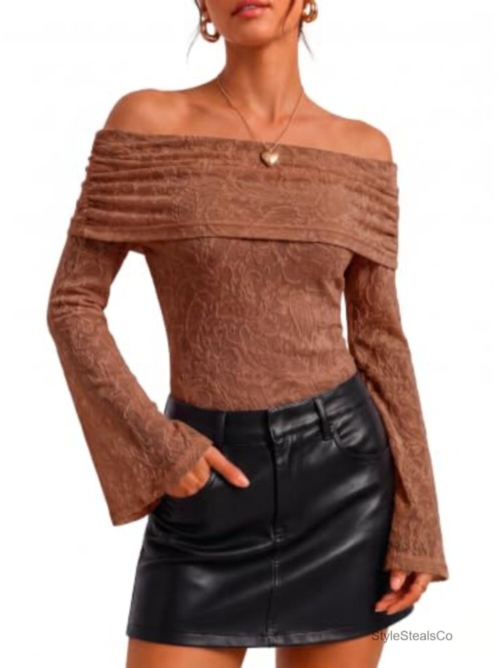 Off Shoulder Lace Long Sleeve Ruched Blouse Going Out Top